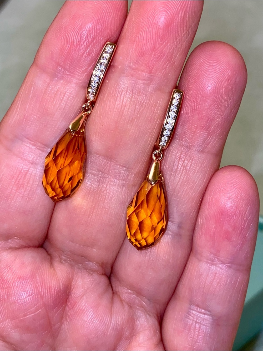 Gold Drop Earrings with Faceted Amber Crystals